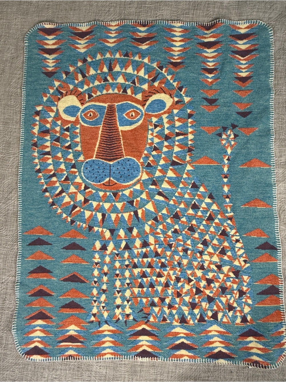 Pottery Barn Kids Blue and Orange Geometric Lion Throw Blanket